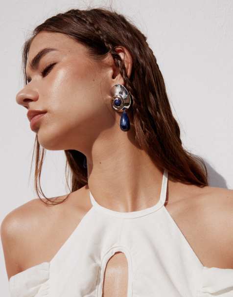 ASOS DESIGN - Boucles d'oreilles pendantes avec détail semi-précieux fantaisie et perle - Argenté - view 1