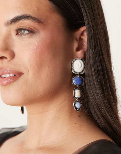 ASOS DESIGN - Boucles d'oreilles pendantes avec pierres semi-précieuses - Argenté - view 1