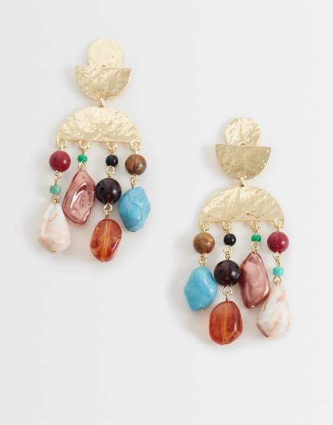 ASOS DESIGN - Boucles d'oreilles pendantes effet brossé avec perles en résine - Doré - view 1