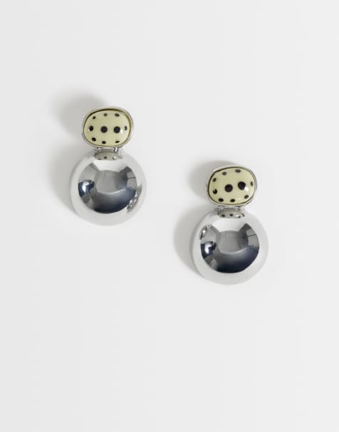 ASOS DESIGN boucles d'oreilles puces à double pendant avec pierre façon dalmatien en ton argenté - argent - view 1