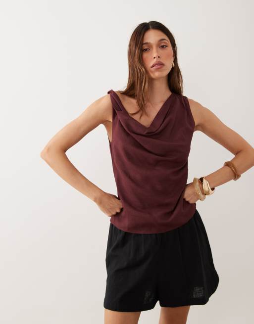 ASOS DESIGN - Bourdeauxrød top i hørblanding med snoet skulderdetalje, 3 af 4