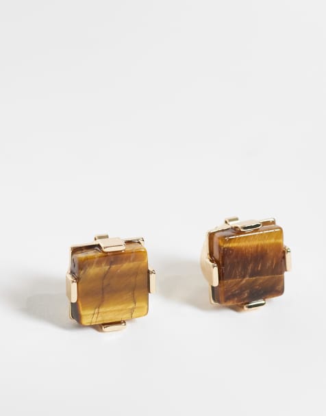 ASOS DESIGN boutons de manchette carrés à cache-bouton avec pierre œil de tigre semi-précieuse véritable - view 1