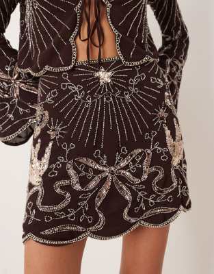 Asos Design Bow And Bird Embellished Co-ord Mini Skirt In Brown