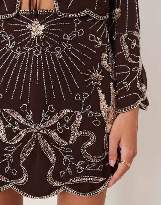ASOS DESIGN bow and bird embellished co-ord mini skirt in chocolate, 5 of 5