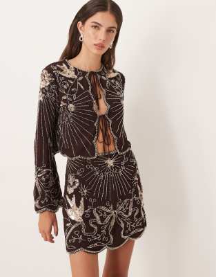 Asos Design Bow And Bird Embellished Long Sleeve Blouse In Brown