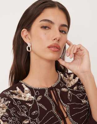 Asos Design Bow And Bird Embellished Long Sleeve Blouse In Brown