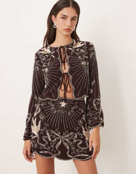 ASOS DESIGN bow and bird embellished mini skirt in chocolate - part of a set - view 1