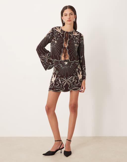 ASOS DESIGN bow and bird embellished mini skirt in chocolate, 3 of 5