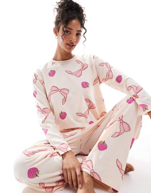 ASOS DESIGN bow and fruit long sleeve top trouser pyjama set in pink