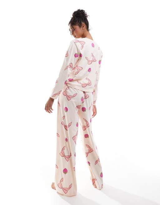 ASOS DESIGN bow and fruit long sleeve top trouser pyjama set in pink