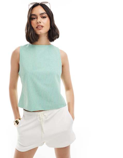 ASOS DESIGN bow back slash neck top in green stripe - view 1