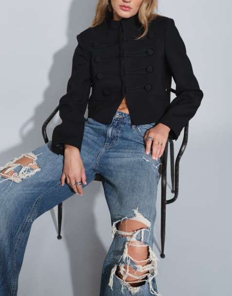 ASOS DESIGN bow barrel leg jean with rips in dark mid blue - view 1