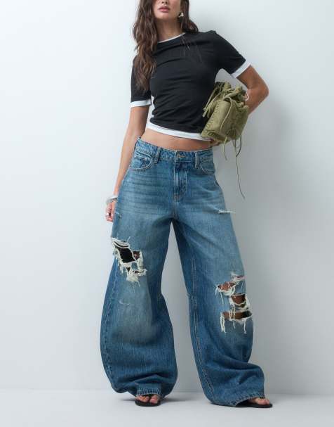 ASOS DESIGN bow barrel leg jeans with rips in dark mid blue - view 1