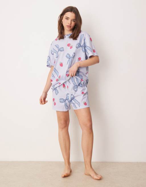 ASOS DESIGN bow & berry oversized tee & short pajama set in blue