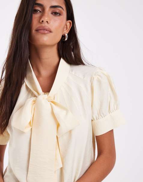 ASOS DESIGN bow blouse with puff ball sleeve in off white - view 1