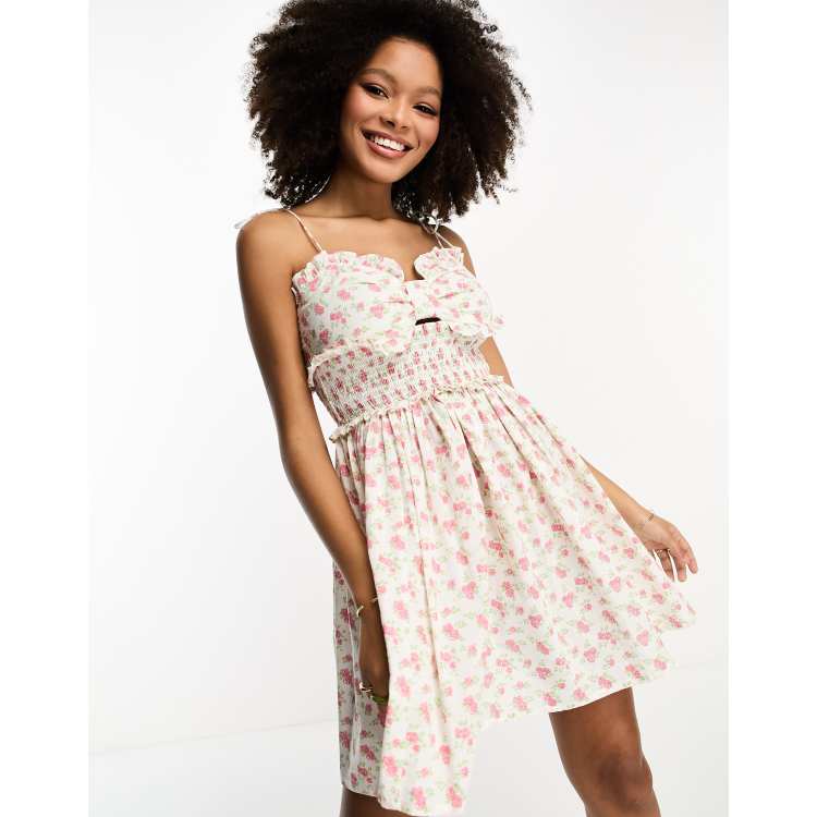 ASOS DESIGN ruffle mini sundress with lace inserts in stripe ditsy print