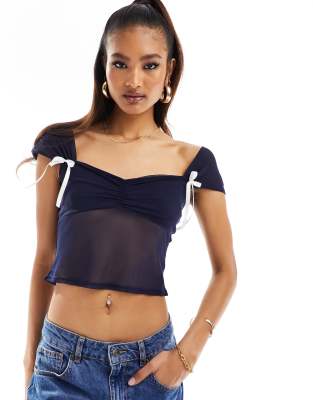 Asos Design Bow Cap Sleeve Top In Navy-blue