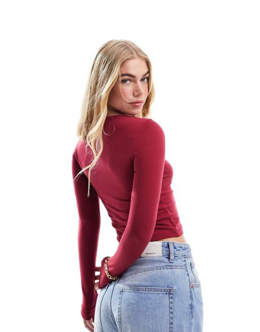 ASOS DESIGN bow detail long sleeve top in red | ASOS