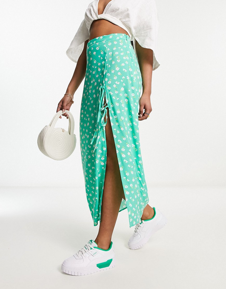 Asos Design Bow Detail Midi Skirt With Thigh Split In Green Ditsy Floral