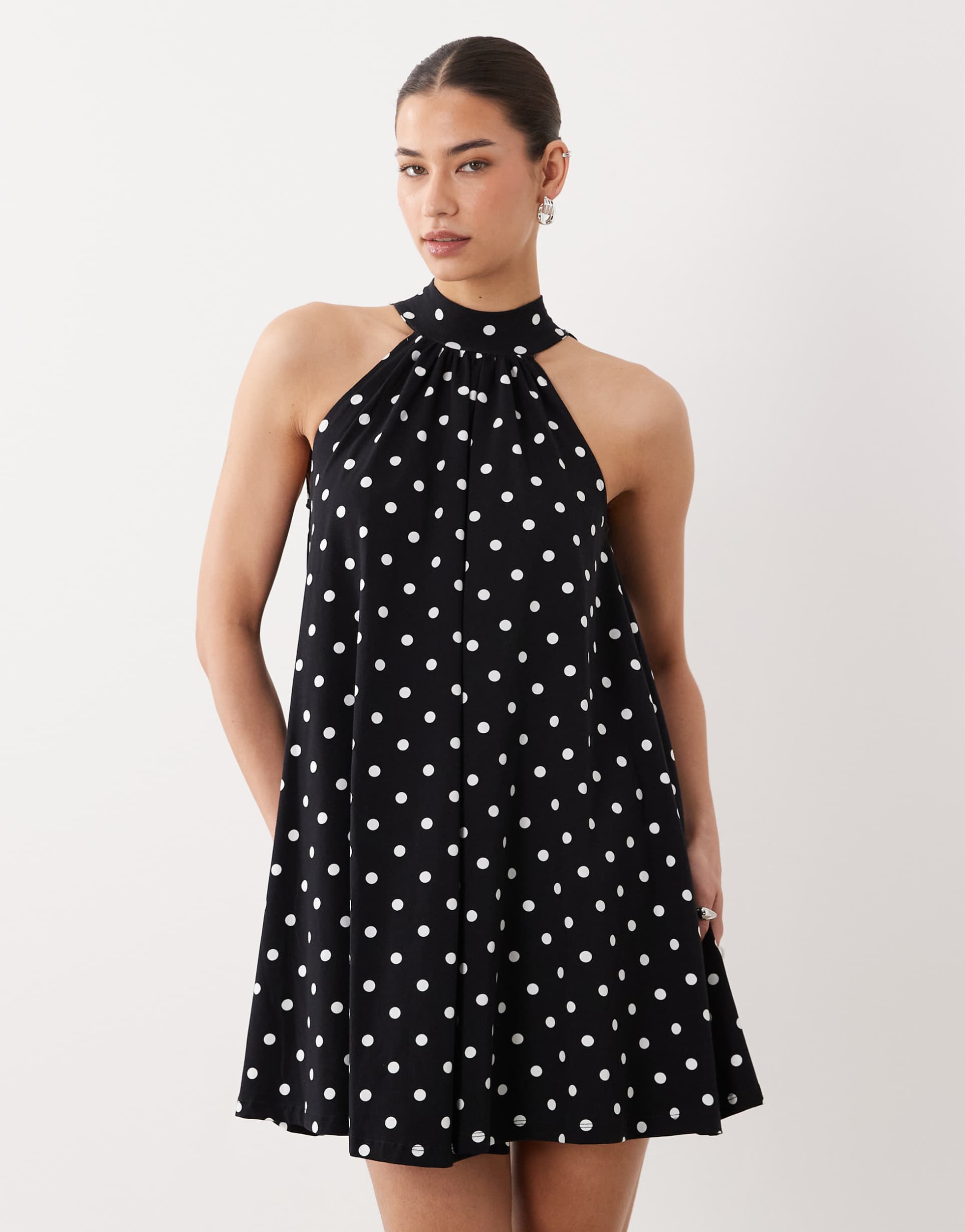 asos design bow detail mini dress in mono polka dot