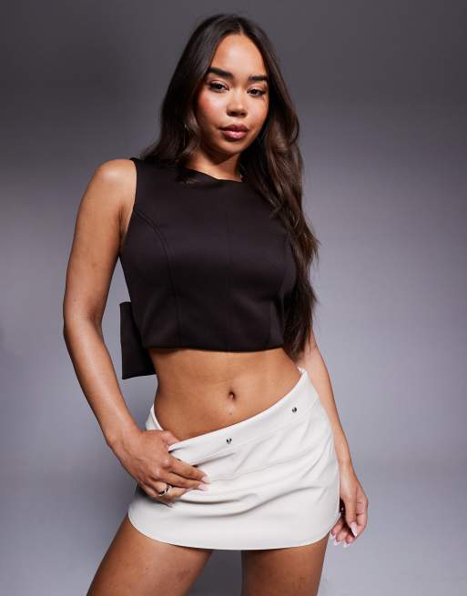ASOS DESIGN bow detail open back crop top in chocolate in scuba-style fabric, 2 of 4
