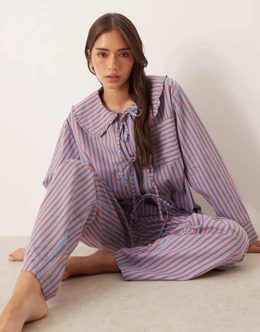 ASOS DESIGN bow detail pajama set in orange & blue stripes