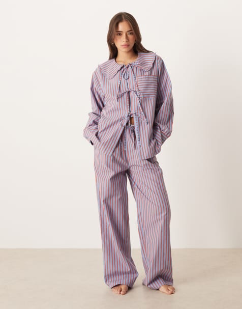 ASOS DESIGN bow detail pyjama set in orange & blue stripe - view 1