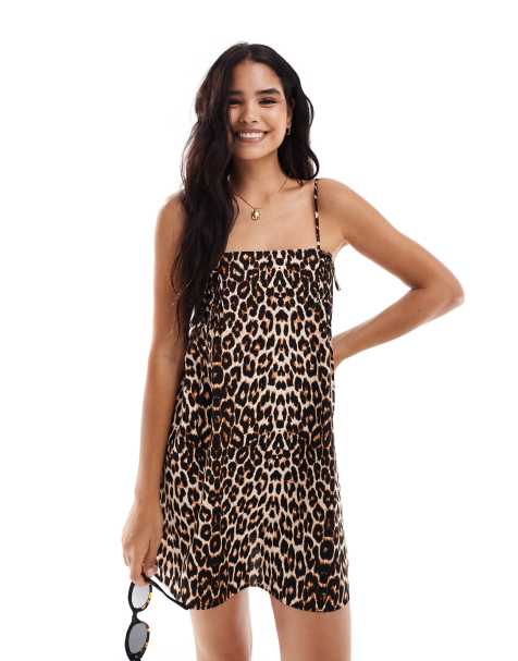 ASOS DESIGN bow detail strappy a line mini dress in leopard print - view 1