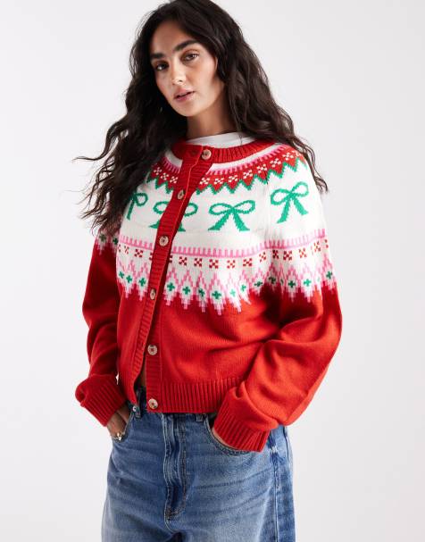 ASOS DESIGN bow detail yoke cardigan in red - view 1