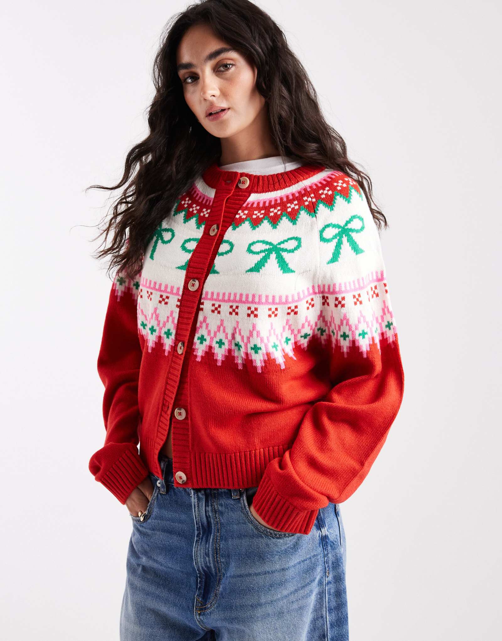 Кардиган на кокетке с бантом от ASOS DESIGN красного цвета