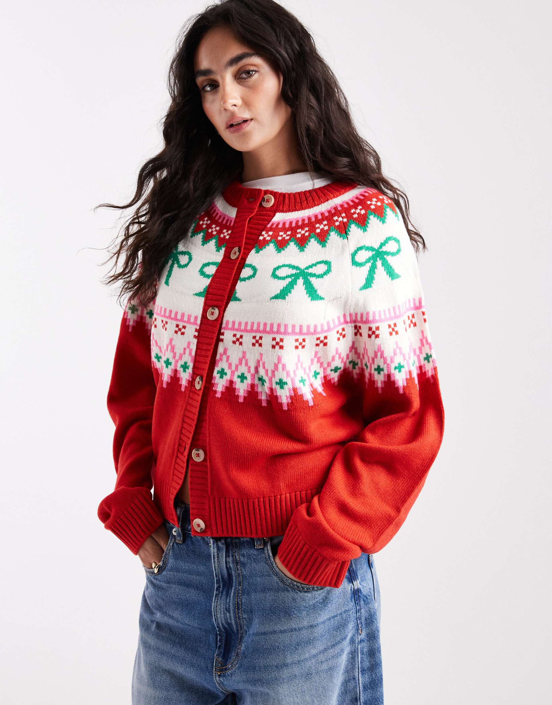 asos design bow detail yoke cardigan in red