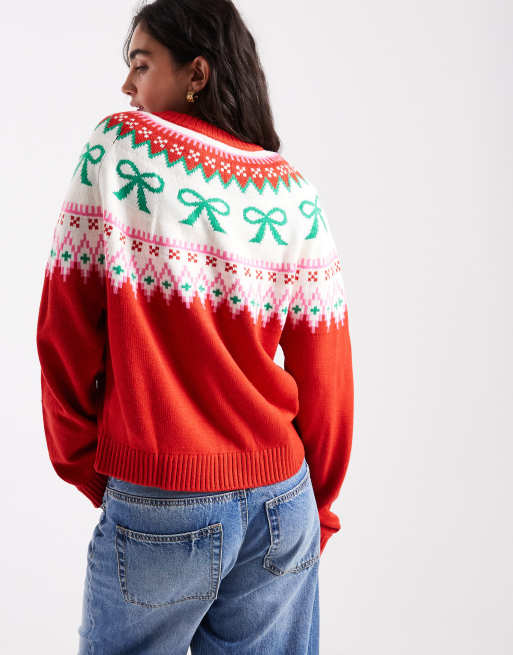 ASOS DESIGN bow detail yoke cardigan in red