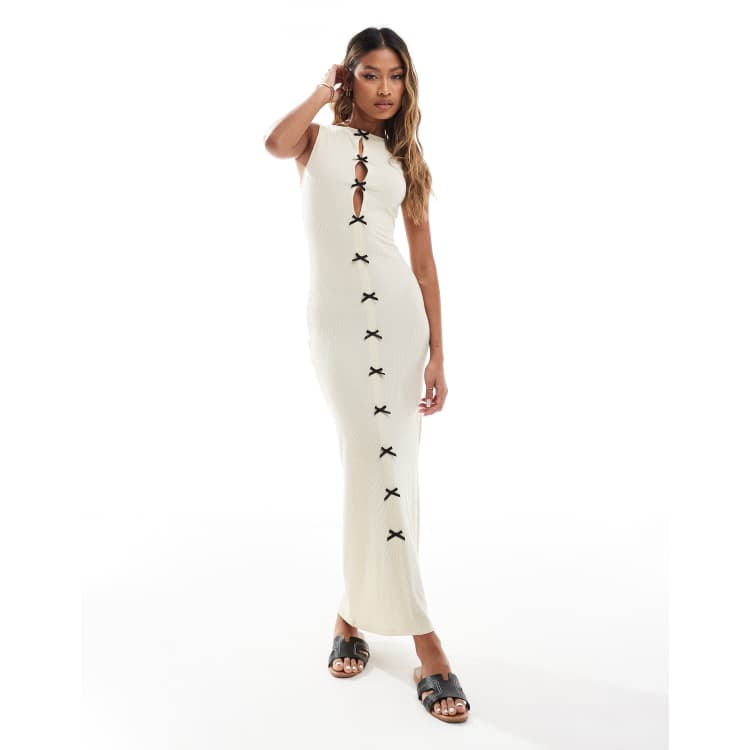 shape cream rib strappy cup detail midaxi dress Cream Rib Cut Out Back Detail Tie Waist Midaxi Dress  Dassah Beauty
