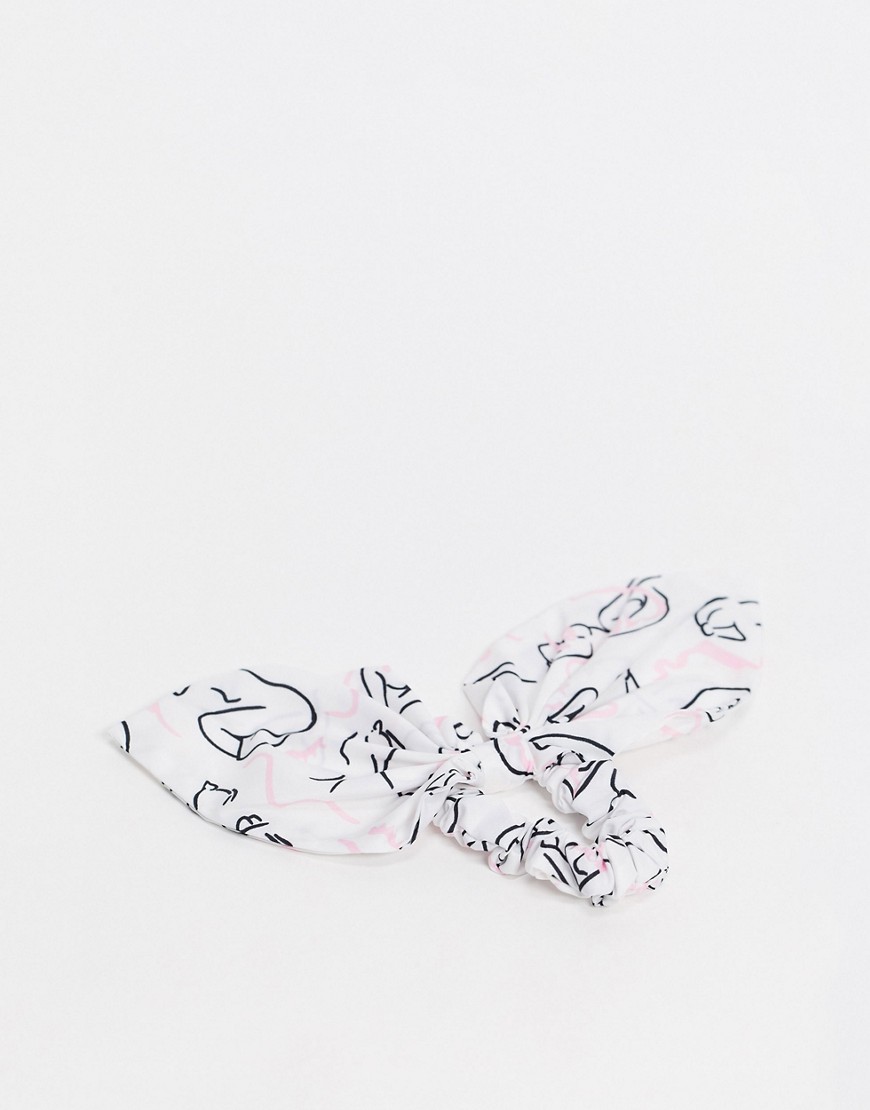 Asos Design Bow Hair Tie In Face Body Print-white