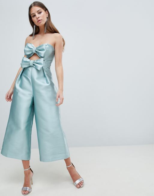 ASOS Bridal Jumpsuit In Bonded Satin With Bow Detail in White