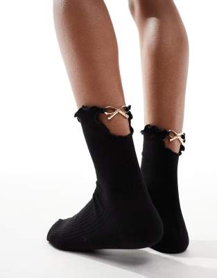 bow metal back frill sock-Black