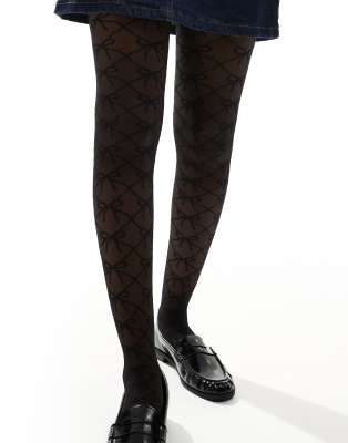 bow monogram tights in black