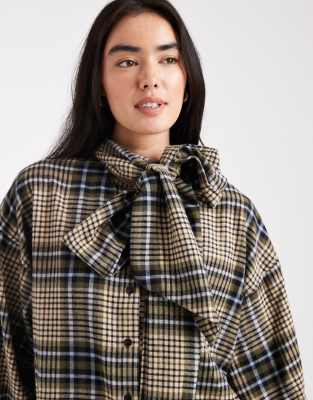 Asos Design Bow Neck Oversized Shirt In Brown