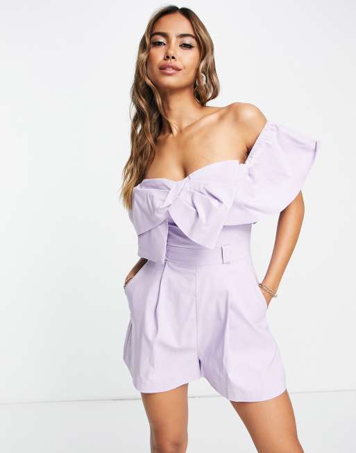 ASOS DESIGN bow off shoulder playsuit in lilac