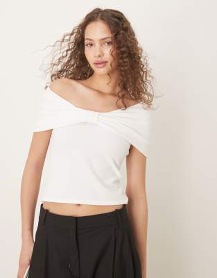 Asos Design Bow Off Shoulder Top In White
