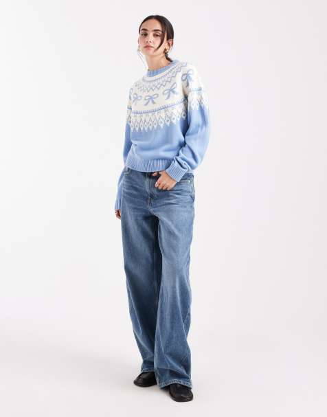 ASOS DESIGN bow pattern yoke fairisle jumper in blue - view 1