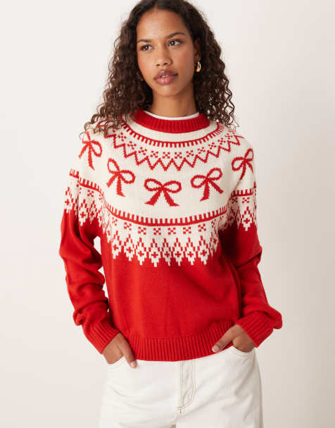 ASOS DESIGN bow pattern yoke fairisle jumper in red - view 1