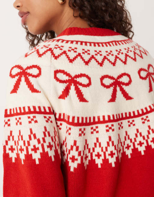ASOS DESIGN bow pattern yoke Fair Isle jumper in red