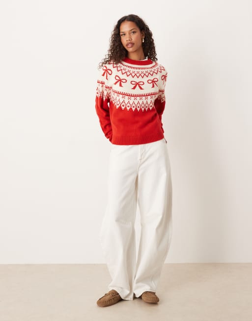 ASOS DESIGN bow pattern yoke Fair Isle jumper in red