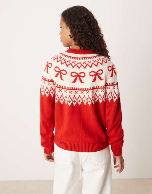 ASOS DESIGN bow pattern yoke Fair Isle jumper in red