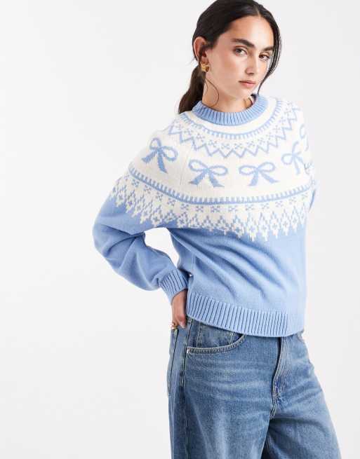 ASOS DESIGN bow pattern yoke fairisle sweater in blue, 3 of 4