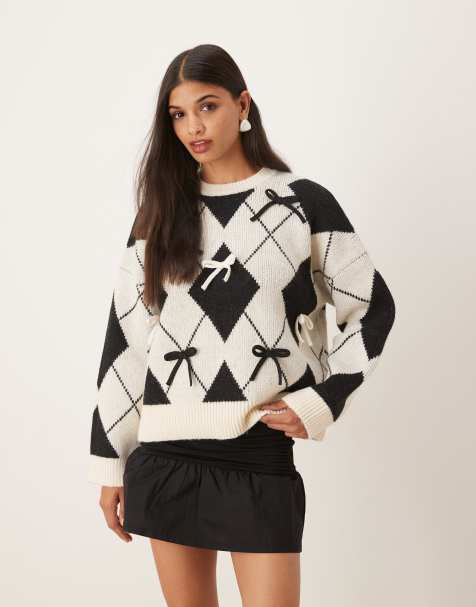 ASOS DESIGN bow placement argyle sweater in black - view 1