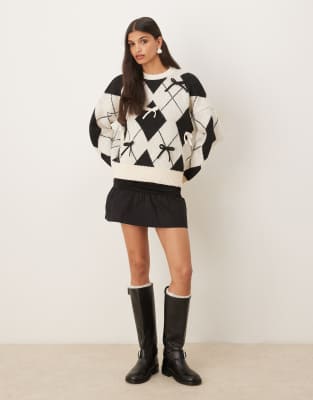 Asos Design Bow Placement Argyle Sweater In Black