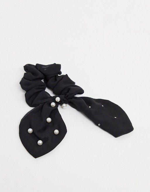 ASOS DESIGN bow scrunchie in pearl embellished black velvet