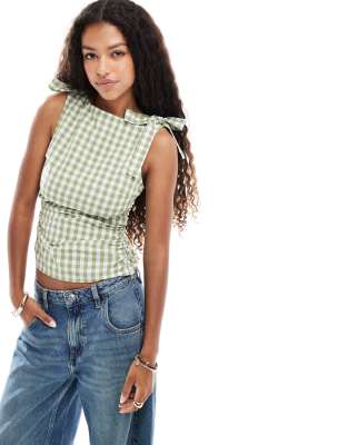 bow shoulder details sleeveless top-Multi